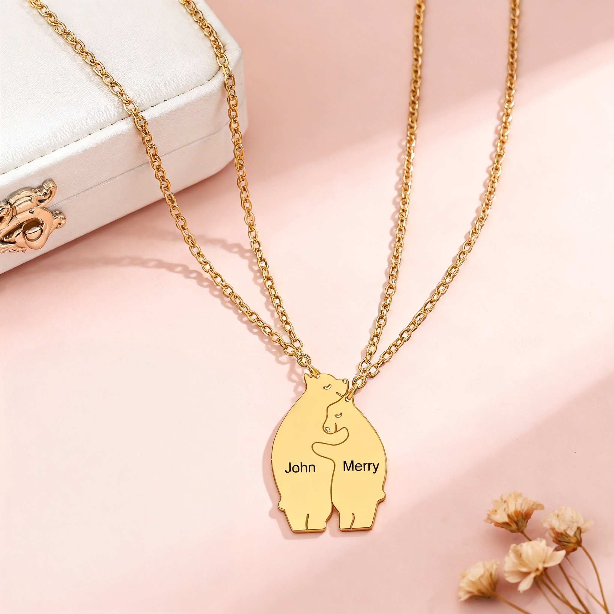 2pcs Personalized Custom Animal Bear Pendant Matching Necklace Set